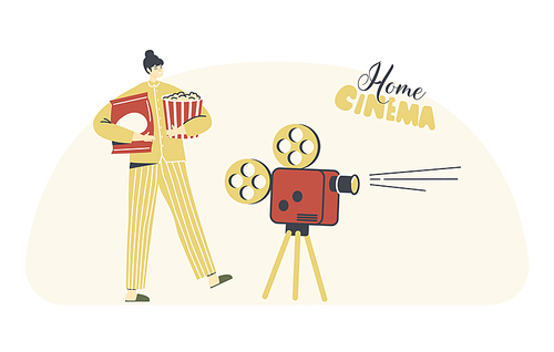 Female Character in Pajama Home Cinema Recreation. Woman Watching Movie and Relaxing at Home. Young Girl with Popcorn and Chips Packages Watching Tv at Night in Living Room. Linear Vector Illustration