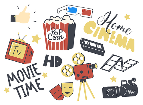 Set of Icons Home Cinema Theme. Retro Camera, Television, Pop Corn and 3d Glasses, Sad and Happy Mask, Film Reel and Stars. Cinematography Recreation, Movie Time Leisure. Linear Vector Illustration
