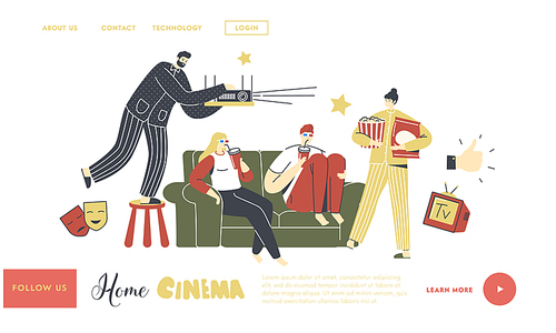 Home Cinema Landing Page Template. People Watching TV with Soda and Pop Corn, Characters Sitting on Couch Together in  Weekend Evening. Leisure, Sparetime, Day Off. Linear Vector Illustration