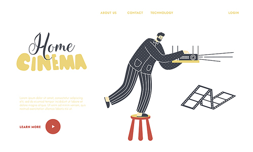 Domestic Recreation and Leisure, Relaxing Spare Time Landing Page Template. Male Character in Pajama and Slippers Tune Home Cinema Projector for Watching Movies on Weekend. Linear Vector Illustration