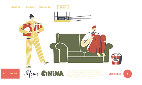Weekend Evening Leisure Landing Page Template. Characters Home Cinema Recreation. Man in 3d Glasses Sit at Sofa with Soda Drink Watching Movie, Woman with Popcorn. Linear People Vector Illustration