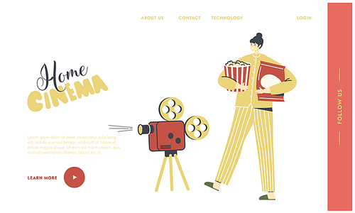 Female Character in Pajama Home Cinema Recreation Landing Page Template. Woman Watching Movie and Relaxing at Home. Girl with Popcorn Watching Tv at Night in Living Room. Linear Vector Illustration
