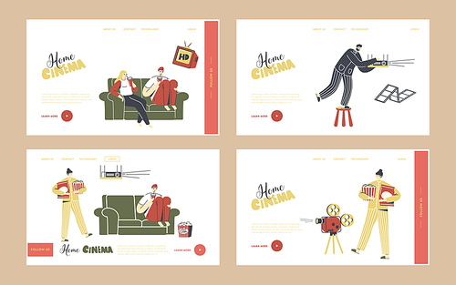 Home Cinema Landing Page Template Set. People Watching TV with Soda and Pop Corn, Characters Sitting on Couch Together in  Weekend Evening. Leisure, Sparetime, Day Off. Linear Vector Illustration