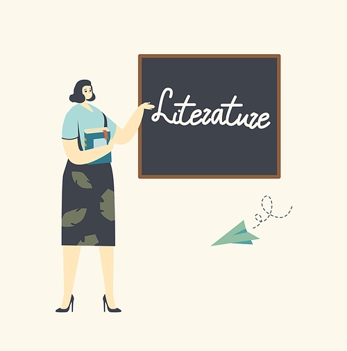 Teacher Female Character Conducting Boring Literature Class Stand in Classroom at Blackboard with Flying Paper Plane nearby. School Worker, Tutor Work Occupation. Cartoon Linear Vector Illustration