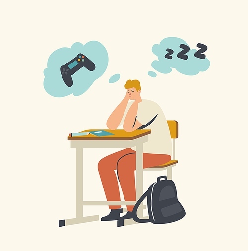 Boring Teenager Sitting at Desk with Closed Eyes Listening Lecture on Lesson and Think of Computer Game or Sleep. Student Male Character Boring, Boredom in School Class. Linear Vector Illustration