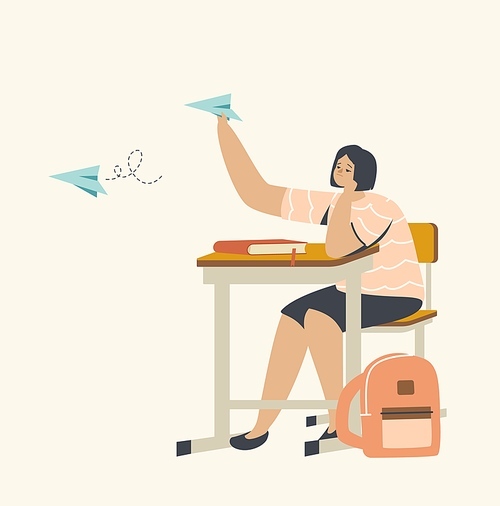 Boredom in Class Concept. Boring Girl Teenager Sitting at Desk Listening Lecture on Lesson and Flying Paper Airplanes. Lazy Student Female Character Boring in School. Linear Vector Illustration