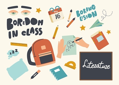 Set of Icons Boredom in Class Theme. School Textbook, Pillow and Sleepy Eyes, Notebook, Ruler with Pen and Pencil. Literature Lesson, Rucksack and Blackboard, Scribble. Linear Vector Illustration