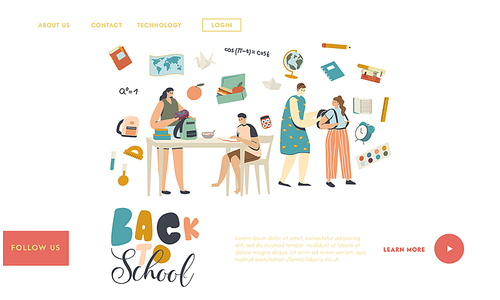 Preparation for School Landing Page Template. Characters Mother and Kids Prepare for Back to School. Mom Put Lunch Box to Son Backpack, See Off Daughter on Lesson. Linear People Vector Illustration