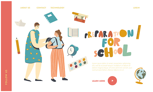Back to School, Education or Preparation for Studying Landing Page Template. Mother Character See Off Schoolgirl on Lesson. Girl Pupil Ready for New Educational Year. Linear People Vector Illustration