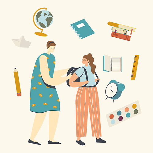 Back to School, Education and Preparation for Studying Concept. Mother Character See Off Schoolgirl on Lesson at Morning. Girl Pupil Ready for New Educational Year. Linear People Vector Illustration