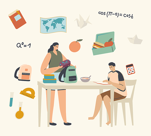 Mother Put Lunch Box into Son Rucksack. Boy Making Homework Sitting at Table. Family Characters Mom and Student Prepare for School Lessons, Gaining Knowledge. Linear People Vector Illustration
