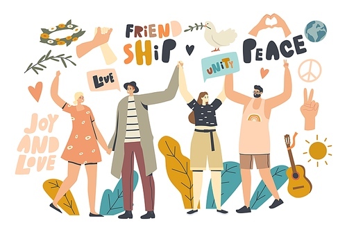 Friendship, International Day of Peace Concept. Happy Male and Female Characters Holding Hands, Hippies Lifestyle, Dove Carrying Leaf Branch. Guitar, Joy and Love. Linear People Vector Illustration