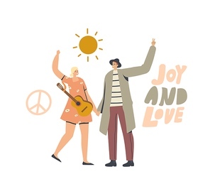 Friendship Concept. Hippies Male and Female Characters with Guitar and Peace Symbol Waving Hands. Man and Woman Pacifist or Volunteer Togetherness, Positive Humanity. Linear People Vector Illustration