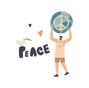Tiny Male Character Carry Huge Peace Symbol. Hippie or Pacifist Man Humanity Propaganda, Stop War Pacific Concept. Peaceful Thinking, Worldwide Harmony, Environment. Linear Vector Illustration