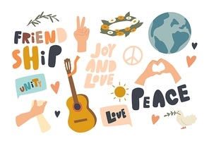 Set of Icons Friendship, International Day of Peace Theme. Handshake, Hippies Lifestyle, Dove Carrying Leaf Branch. Guitar, Sun and Earth Globe, Joy and Love Concept. Linear Vector Illustration