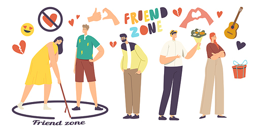 Friend Zone Concept. Male Characters Fall in Love Trying to Attract Girls. Woman Drawing Circle with Man Stand Inside of Boundary. Females Avoid Importunate Suitors. Cartoon People Vector Illustration