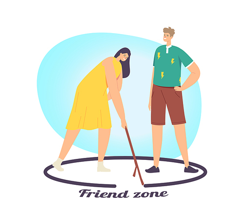 Woman and Importunate Suitor in Friend Zone Concept. Male Character Fall in Love Trying to Attract Girl. Female Drawing Circle with Man Stand Inside of Boundary. Cartoon People Vector Illustration