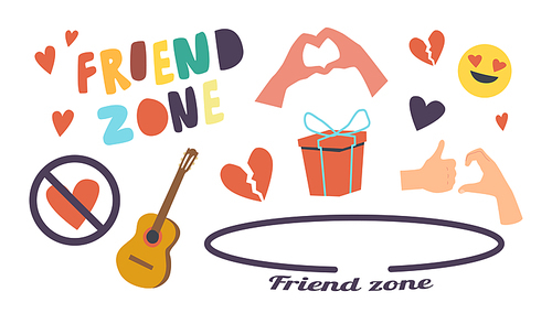 Set of Icons Friend Zone Theme. Circle, Crossed and Broken Heart, Guitar and Hand Gestures, Wrapped Gift Box, Smile Emoji Fall in Love. Friendzone Isolated Elements. Cartoon Vector Illustration
