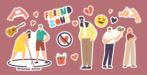 Set of Stickers Friend Zone Theme. Man and Woman in Circle, Broken Heart, Guitar and Hand Gestures, Wrapped Gift, Smile Emoji Fall in Love. Friendzone Isolated Elenemts. Cartoon Vector Illustration