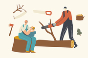 Two Men Loggers Cutting Trees and Eating Lunch. Character Sawing Logs in Forest. Wood Industry Worker with Saw Working. Deforestation, Lumberjack Cut Timberwood Job. Linear People Vector Illustration