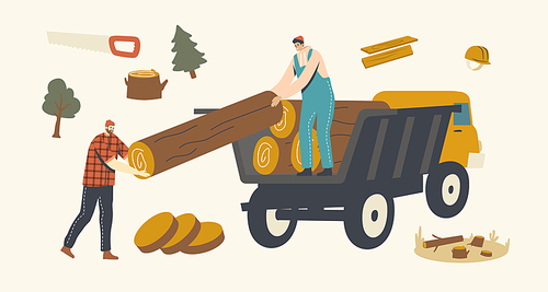 Woodcutter Male Characters Loading Wooden Logs in Truck. Deforestation, Forest Trees Cutting and Transportation. Wood Harvesting, Logging Forestry Industry Process. Linear People Vector Illustration