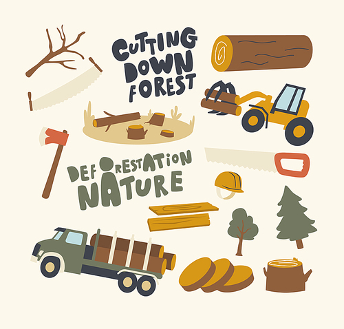 Set of Icons Deforestation and Tree Cutting Theme. Truck Transportation, Logs and Loader in Forest, Nature, Wooden Stumps and Lumberjack Equipment and Tools Helmet, Axe. Linear Vector Illustration