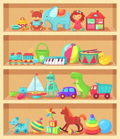 Cartoon toys on wood shelves. Funny animal baby piano constructor girl doll and ball robot plush bear colorful vintage elements for child joy. Kids toy shopping shelf vector group objects collection