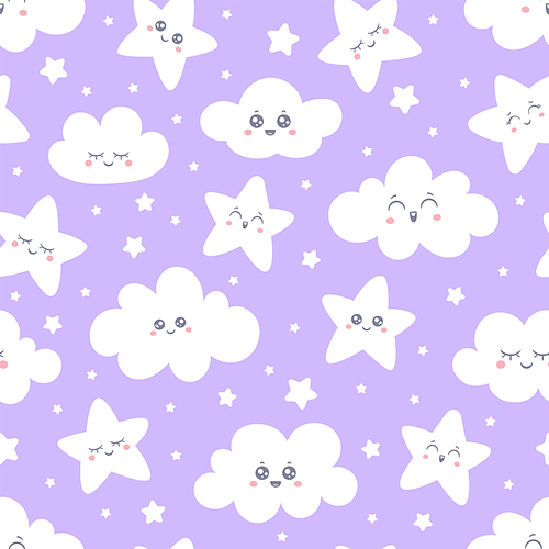 Seamless purple smiling stars and clouds pattern for baby pajamas fabric. Happy cute cartoon pastel sleeping smile white star sky for night starry kawaii nursery wallpaper. Colorful vector background