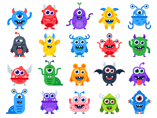 cute cartoon monsters. comic  joyful monster characters. funny devil face, ugly silly alien and scary humor smile little furious creature character colorful flat isolated icon vector set