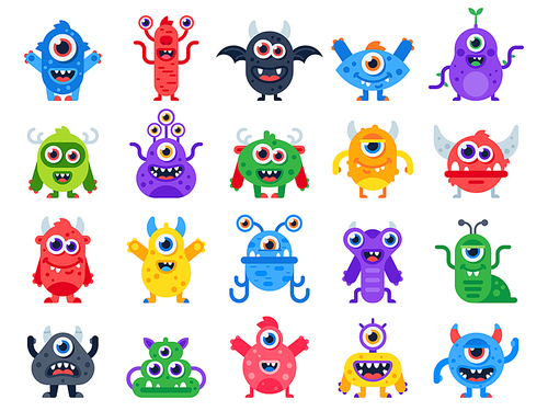 cartoon monster. cute happy monsters,  mascots and funny mutant devil and cyclops beast toys logo creature with horn and wing. scary cheerful creatures character vector flat isolated icon set