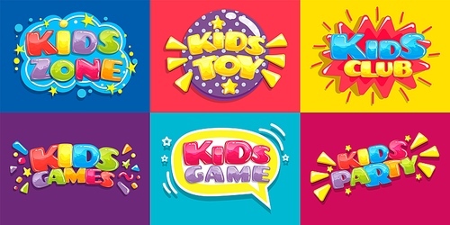 Kids club posters. Toys fun playing zone, children games party and play area poster. Kid entertainment camp poster, preschool baby education room clubs banner vector illustration set
