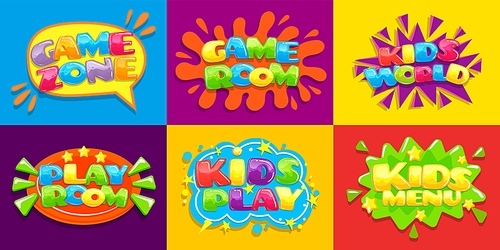 game room posters. fun kids playroom, games playing zone for young kid and kids menu. hobby play room, game advertisement zone or toy party playground vector illustration  set