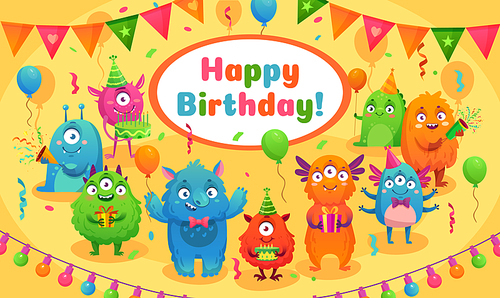 Happy birthday monsters. Kids birthday party cute monster mascot, monsters anniversary greeting card. Alien, mutant beast or ogre invitation or greeting card cartoon vector illustration