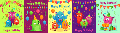 Monster birthday greeting card. Monsters with happy birthday gifts, kids party invitation and friendly monster. Alien and beast birthday greeting postcard cartoon character vector illustration set