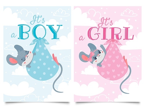 Its Boy and Girl cards. Baby shower label with cute mouse, mice children vector cartoon illustration set. Party invitation templates in blue and pink colors with adorable newborn rodent animals.