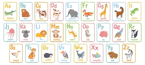 Alphabet cards for kids. Educational preschool learning ABC card with animal and letter cartoon vector illustration set. Flashcards with cute characters and english words placed in alphabetical order.