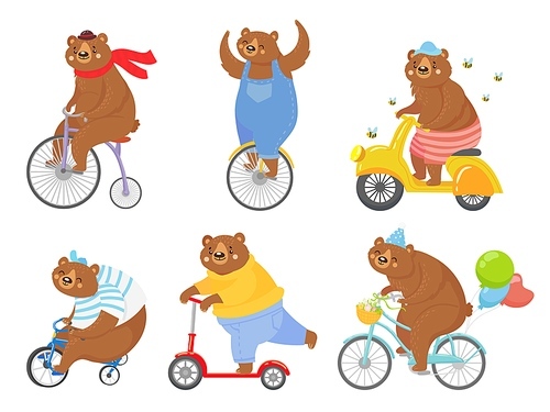 Cartoon biked bear. Bears on children tricycle, unicycle and retro bicycle. Animal riding bike, bicycles and scooter vector illustration set. Bear animal bike, bicycle transportation, cycling animal