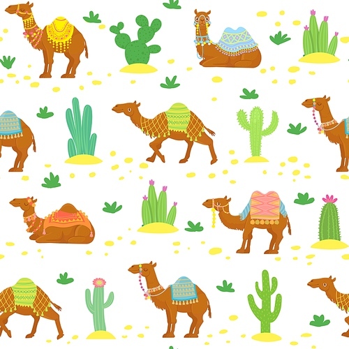 camel seamless pattern. cute cartoon desert camels among cactuses. egyptian ethnic vector wallpaper texture. camel africa pattern,  seamless illustration