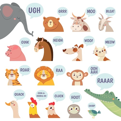 Animals sounds. Cute animal making sounds cat and dog, sheep and cow, pig and hen, horse and lion, bear and monkey cartoon vector set for childrens books and magazines. Farm animals and pets