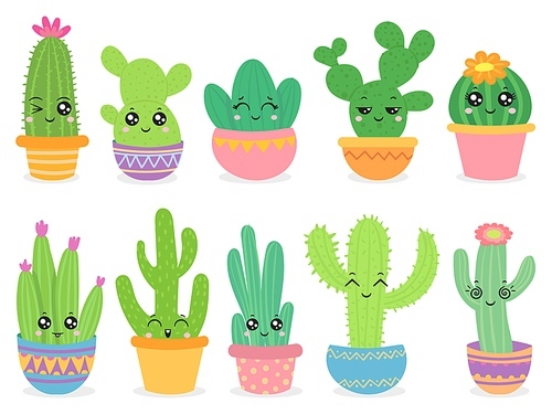 Cartoon cactus. Cute succulent or cacti plant with happy funny face, tropical smiling flower sticker, mexican plants color vector characters. Desert prickly plant badges in pots isolated on white