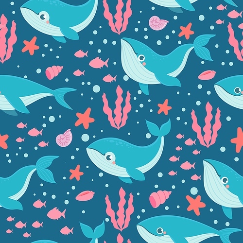 Whales seamless pattern. Funny sea animals happy orca, blue whale, kids nautical fabric print, underwater boy wallpaper vector texture. Sea life with starfish, shell, fish and seaweed