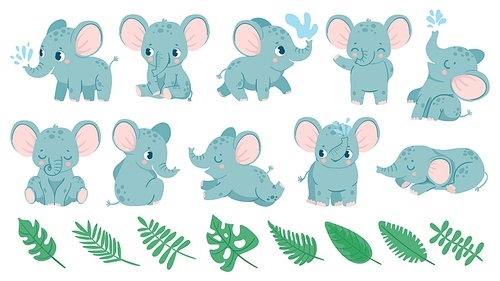 Baby elephants. Cute cartoon animal and tropical leaves. Baby shower elephant sleeps, sits and does water jet. Nursery decoration vector set for birthday invitation and greeting card