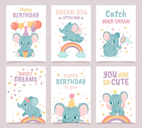 Nursery elephant posters. Animal decoration for baby shower and cartoon birthday cards. Elephants and rainbows prints for newborn vector set with balloons. Dream big, you are so cute