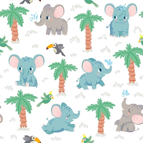Baby elephants seamless pattern. Cartoon elephants in jungle with palm and parrots. Nursery fabric  with tropical animal vector texture. Beautiful mammal with water jet, flying bird