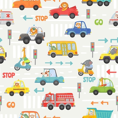 Animals in transport seamless pattern. Kid cartoon cars, bus, police and bike with animal driver. Vector texture with road traffic and signs. Lion, elephant, giraffe and dog on vehicle