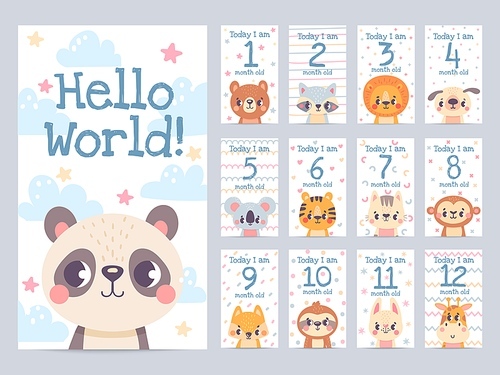 baby month cards with animals. monthly milestone s for newborn scrapbook. kids age tags with sloth, lion, giraffe and fox vector set. celebrating child growth with adorable characters