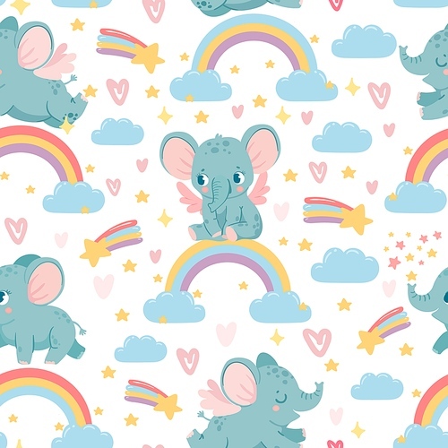 Elephants on rainbow seamless pattern. Magic animal  for kid nursery. Baby elephant in sky with clouds, stars and hearts vector texture. Childish characters for wrapping paper, wallpaper
