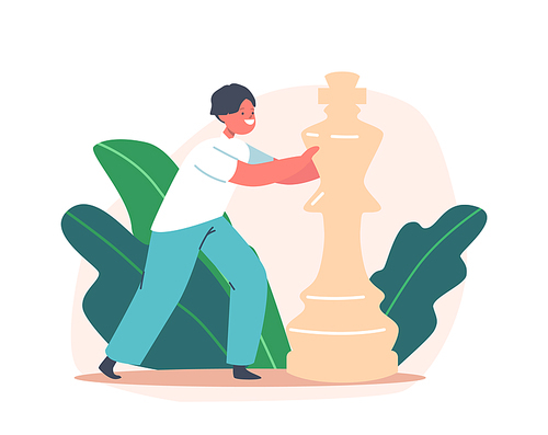 Little Kid Playing Chess, Child Boy Move Huge Figure on Chessboard Enjoying Game Hobby, Logic Activities. Character Take Part in Club Tournament or Learning. Cartoon People Vector Illustration