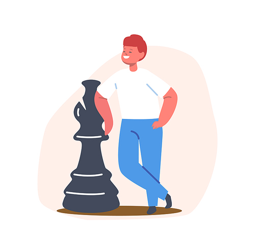 Little Cheerful Boy Stand at Chessboard with Huge Figure. Kid Playing Chess in Club, Enjoying Logic Activities and Game. Child Character Education, Learning, Hobby. Cartoon People Vector Illustration