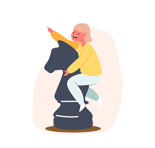 Little Girl Sitting on Huge Horse Figure Playing Chess in Club. Child Enjoying Tactics Game and Logic Activities. Kid Character Education, Tournament or Hobby. Cartoon People Vector Illustration